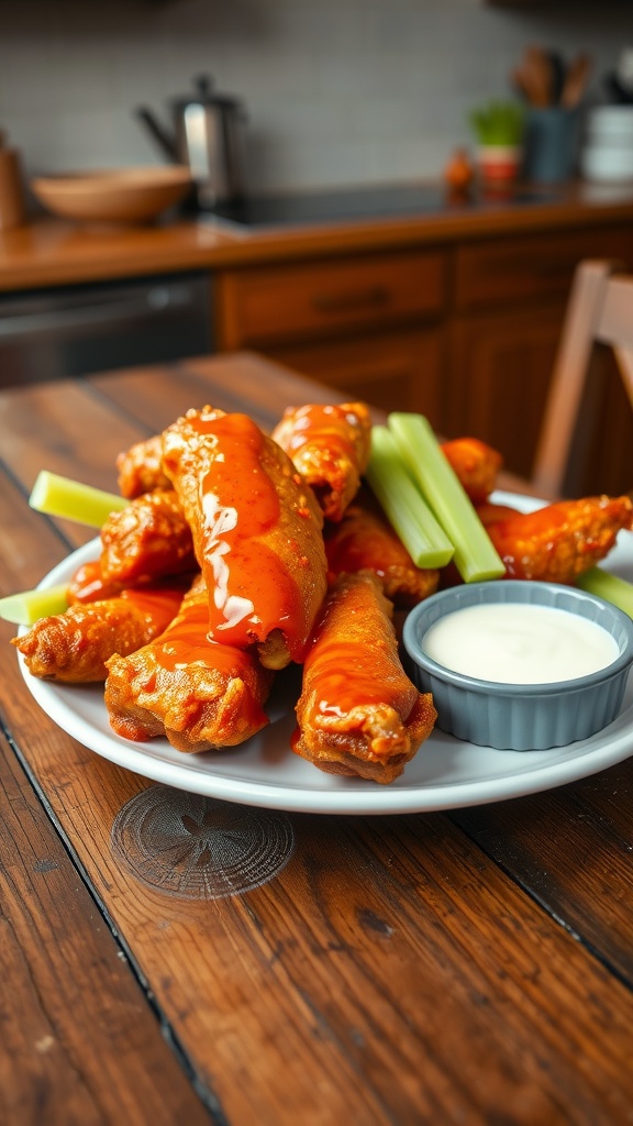 Crispy air fryer chicken wings with buffalo sauce, celery sticks, and ranch dressing on a rustic table.